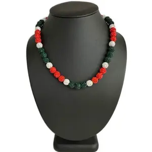 Iced Bling Disco Ball Rhinestone Crystal Bead Baseball Necklace Orange Green Canes
