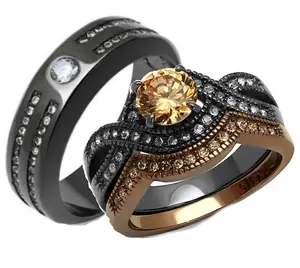 His Her Round Cut Champagne CZ Black and Brown Plated Stainless Steel Wedding Ring Set Cubic Zirconia