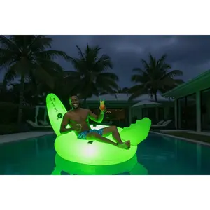 Giant Inflatable Alligator Pool Float Solar Lights, Cup Holder & Handles – 60in