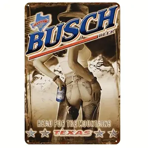 Up girl Busch beer metal tin sign (8x12), vintage wall art for man cave, garage, bar, farmhouse decor-Grey Iron, weather-resistant, pre-rolled-1count Rustic Design