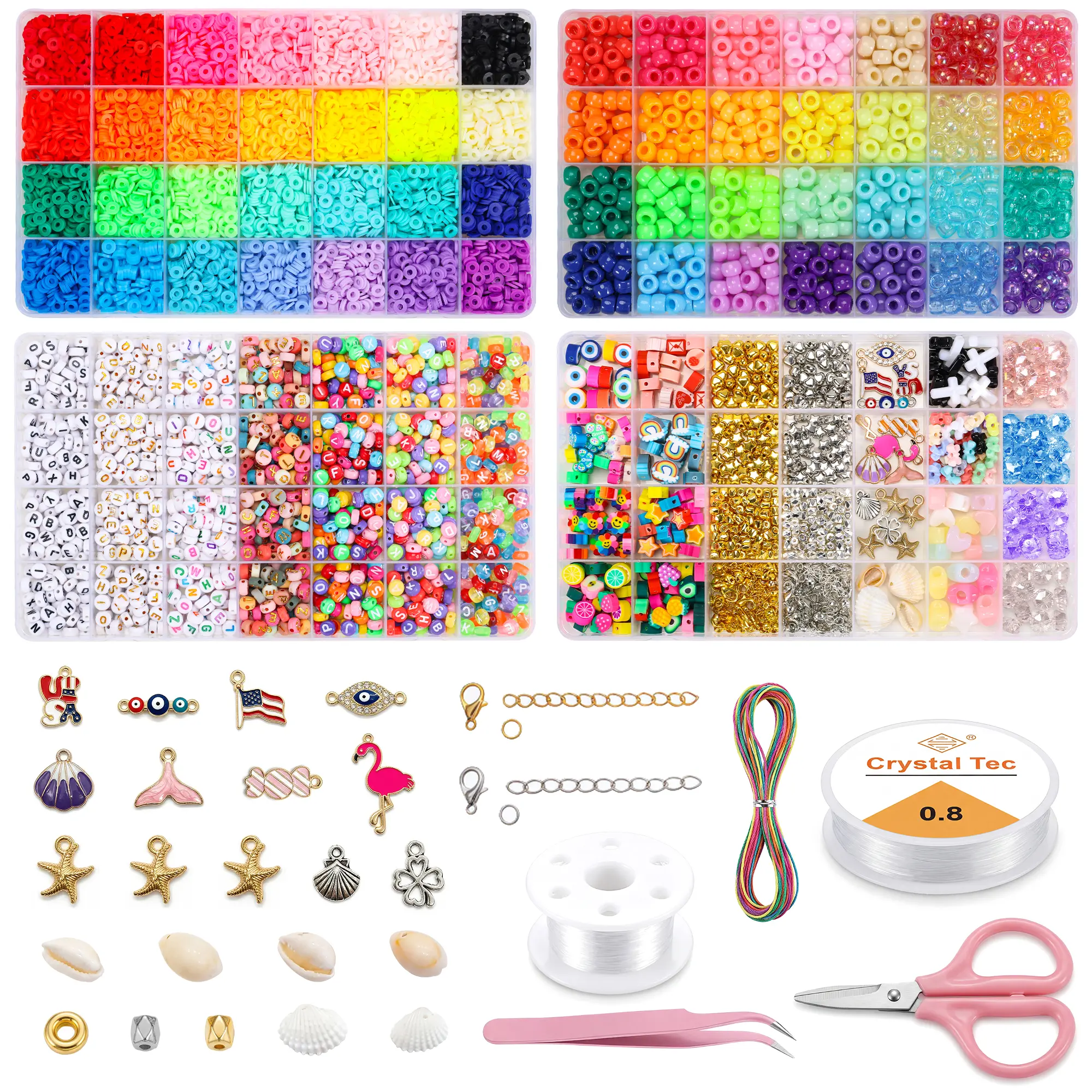 8000+PCS Clay Beads Bracelet Making Kit, 28 Colors Polymer Clay & Pony Beads Set with Alphabet Letter Beads, Cute Charms, Elastic Strings, Scissors & Storage Boxes, DIY Friendship Bracelet Jewelry Making Kit for Girls Teens,diy jewelry craft