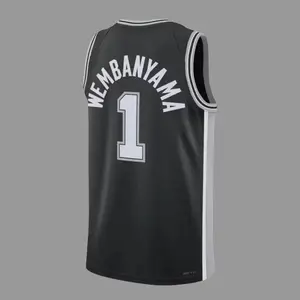 Wembanyama #1 Swingman Basketball Jersey 2026 Full Logo - Black White Pro Style Hoop Fan Shirt