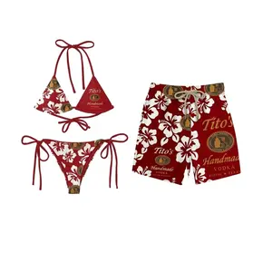 Matching Couple Swimwear Set Titos Handmade Vodka Print Red Floral Bikini and Mens Mesh Shorts Set Funny Beachwear Gift for Couples