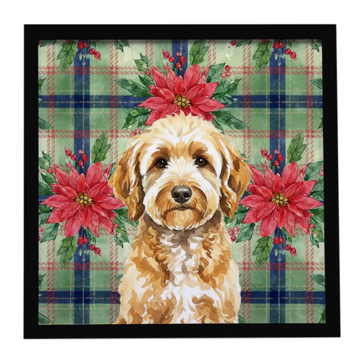 Carolines Treasures WDK8652MFP88 8x8 in. Plaid Artistic Goldendoodle & Christmas Poinsettias Framed Metal Print, Hanger-Included Wall Decoration, Home Decor Artwork, Ideal Gift