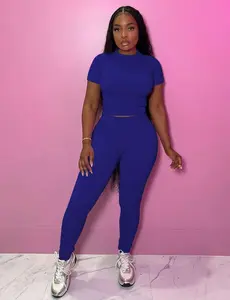 Women Two Piece Outfits Workout Sets Ribbed Casual Jogging Suits Short Sleeve Tracksuits