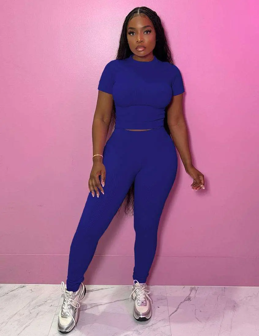 Women Two Piece Outfits Workout Sets Ribbed Casual Jogging Suits Short Sleeve Tracksuits