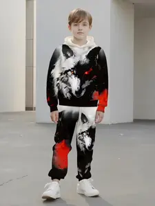 Boys' 3D Wolf Print Casual Fitted Style, Dark Trendy Visual Expression, Perfect for Streetwear and Trendy Gatherings