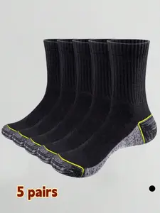 5 Pairs Men's Work Socks, Athletic Reinforced Toe and Heel, Padded Boot Socks, Cushioned Crew Socks, Casual Striped Pattern, All Seasons