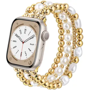 VISOOM Gold Pearl Beaded Apple Watch Band Handmade Elastic Bracelet Strap for Women Compatible with iWatch Series SE/9/8/7/6/5/4/3/2/1 Fashion Jewelry Dressy Watch Bands 38mm 40mm 41mm 42mm 44mm 45mm