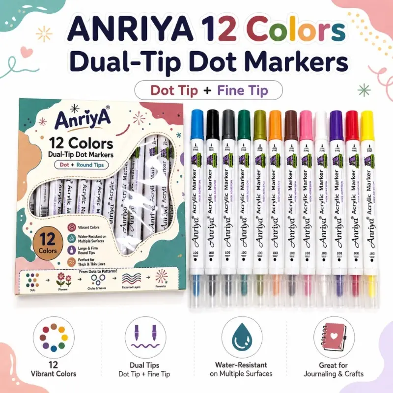 Back to school shopping-ANRIYA 12 Color Double Head Dot Art Marker Set with Free Bonus Doodle Coloring Book, Round Dot & Dual Tip Pens Perfect for Coloring Pages, Outline Drawing, Journaling, Scrapbooking DIY Crafts, Ideal Back-to-School Art Supplie