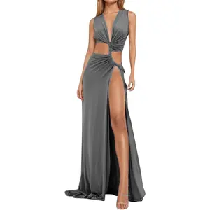 Women's Sexy Long Dress Sleeveless Deep V Neck Cut Out High Split Maxi Dresses Party Clubwear Dress