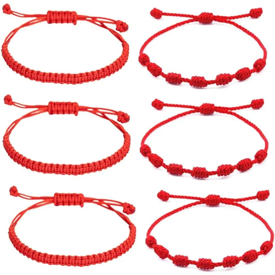 6-Piece Handmade Knot Bracelet Sets - Red Black Evil Eye Kabbalah Rope Chain Stacking Bracelets, Adjustable Protection & Good Luck Jewelry for Women, Rope Chain Bracelet