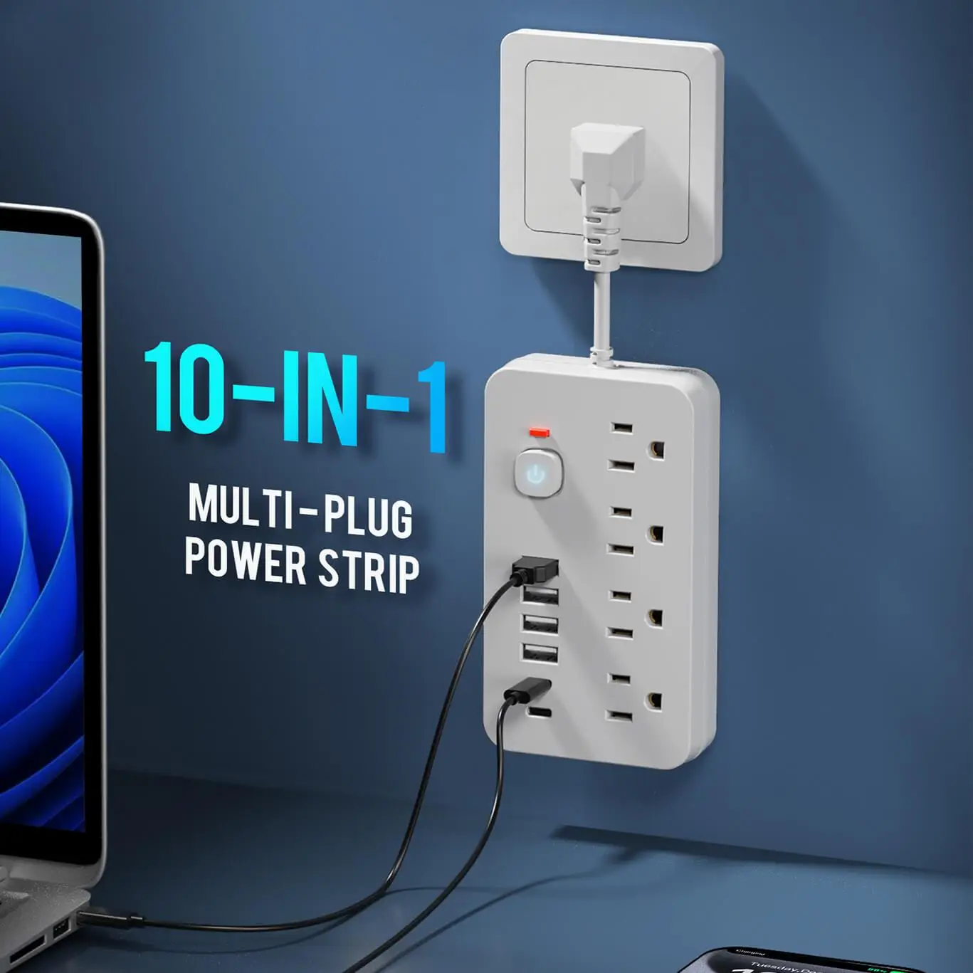 10 In 1 Power Strip, Multifunctional Power Strip with Switch & Surge Protection, USB & TYPE-C Port Power Strip for Home & Office