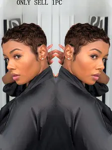 Pixie Cut Wig for Women Curly Wave Wig Halloween Wig Pre Plucked Wig Full Machine Made Wig 150% Density 6 Inch Pixie Wigs Natural Wave Wig