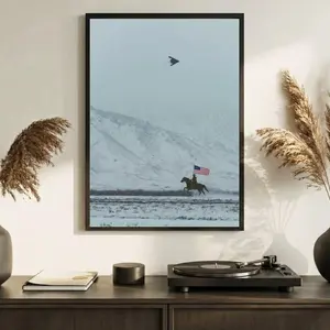 [NO FRAME] Cowboy on Horse with Flag and B-2 Spirit Flying Satin Poster - America - Western - Mountain - Unframed Wall art - Gift for Men and Women - MADE IN USA Poster