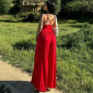 Backless Crisscross Straps Jumpsuit with Waist Shirring Flared Wide Leg Pants Women's 2025 Summer New Solid Beach Vacation Outfit Casual Elegant Sexy Party Night Club Stretchy Romper