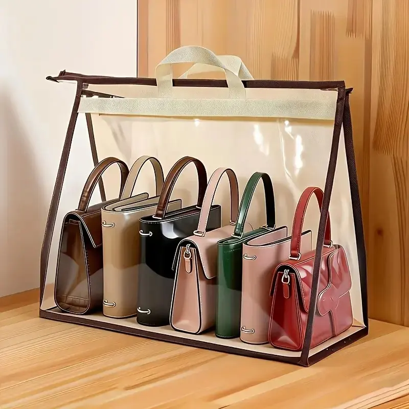 Suspension Bag Storage Organizer, Non-Woven Transparent Dust-Proof Home Storage Bag, Zipper & Handle, Ideal for Closet Purses & Wallets, Clear Organizers