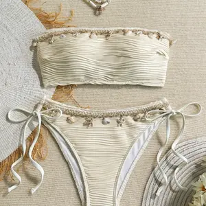 Solid Color Backless Two-Piece Swimsuit with Seashell Ribbon Tie for Summer Beach Vacation