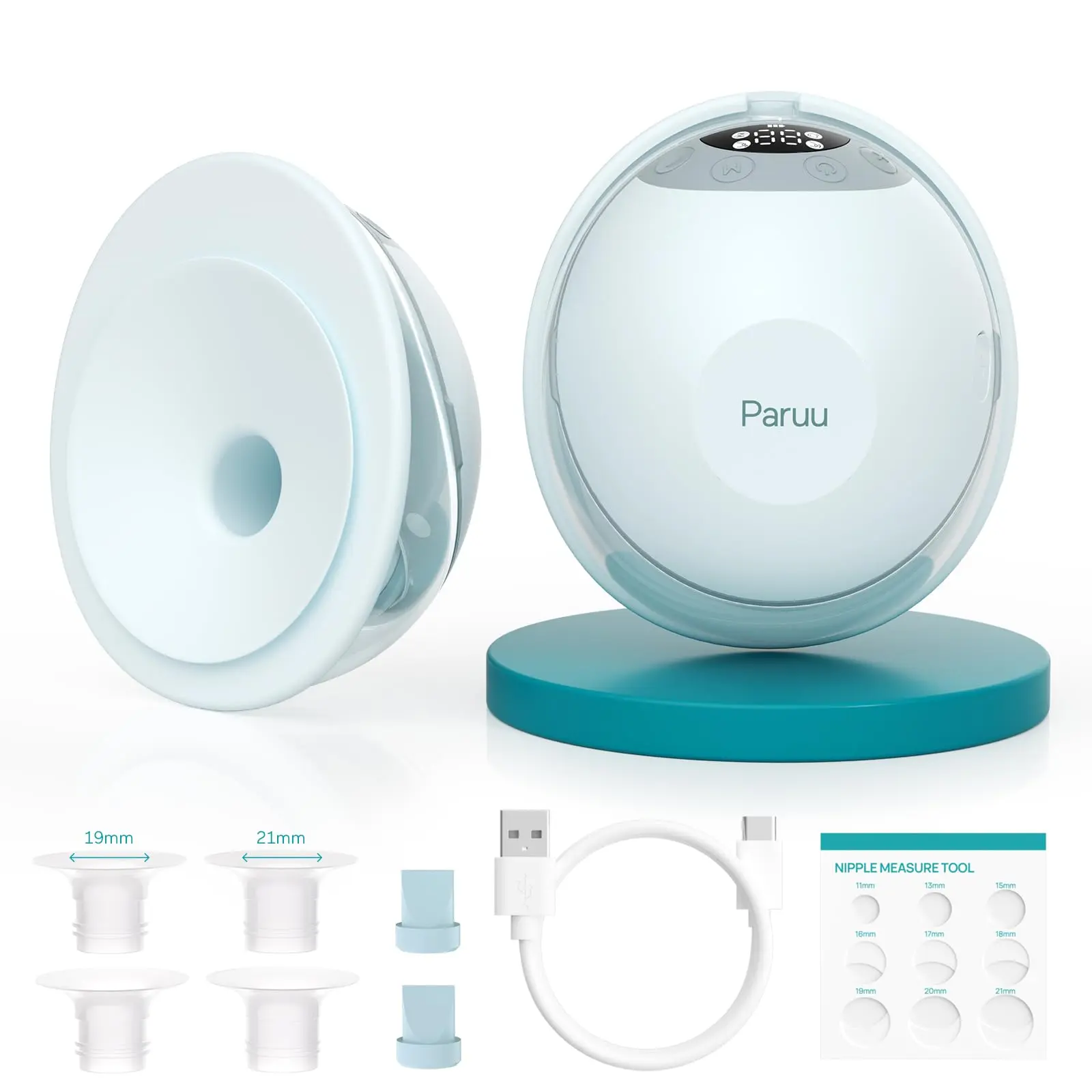 Paruu P20 Electric Breast Pump Hands Free, 4 Modes & 12 Levels Suction with 19/21/24mm Double-Sealed Flange/Insert, Wearable & Portable, Visual Design of Time and Milk Volume (2 Pack, Light Green)