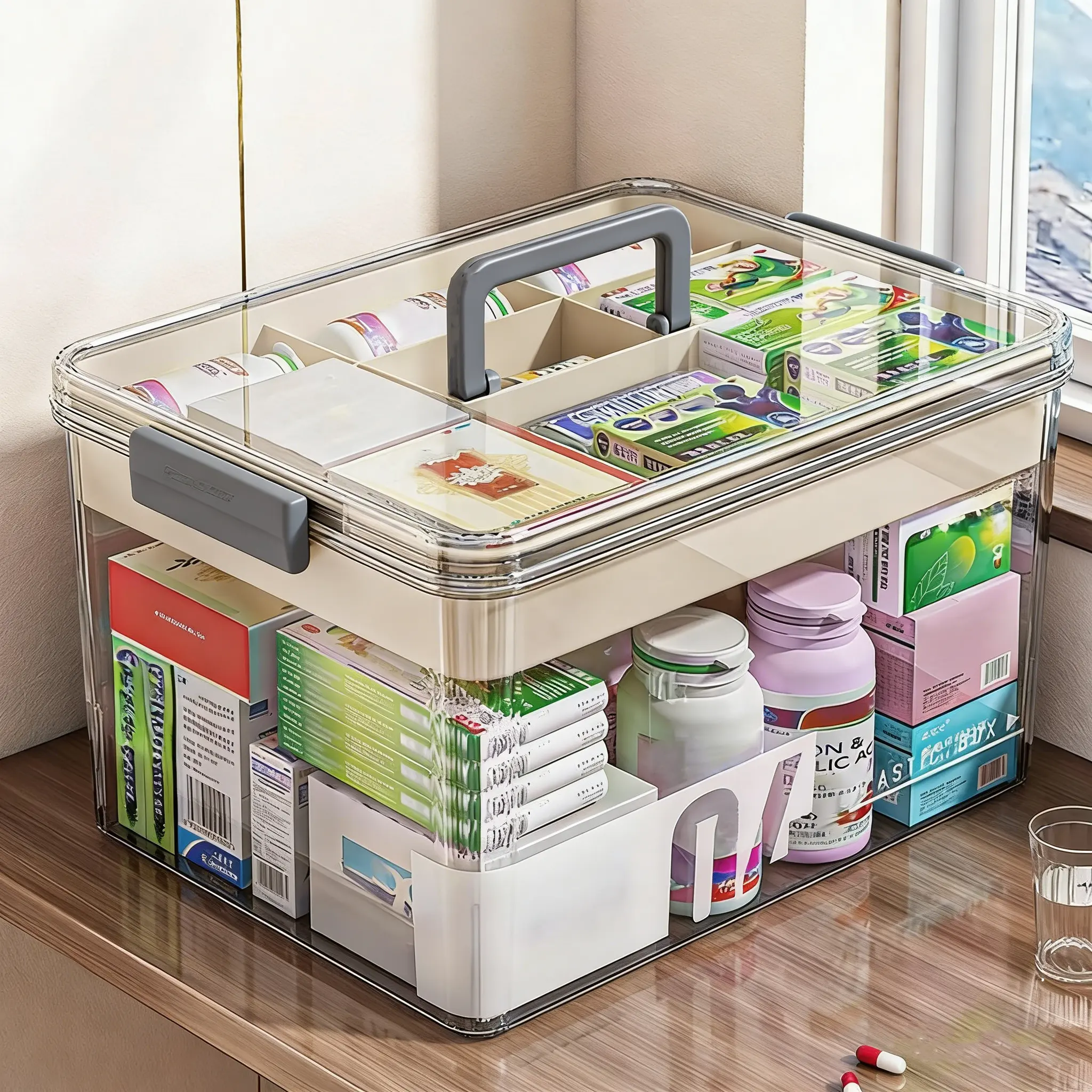 Clear Medicine Storage Box with Handle, 1 Count/2 Counts Large Capacity Plastic Pills Box, Household Portable Sundries Organizing Storage Box, Home Organizer