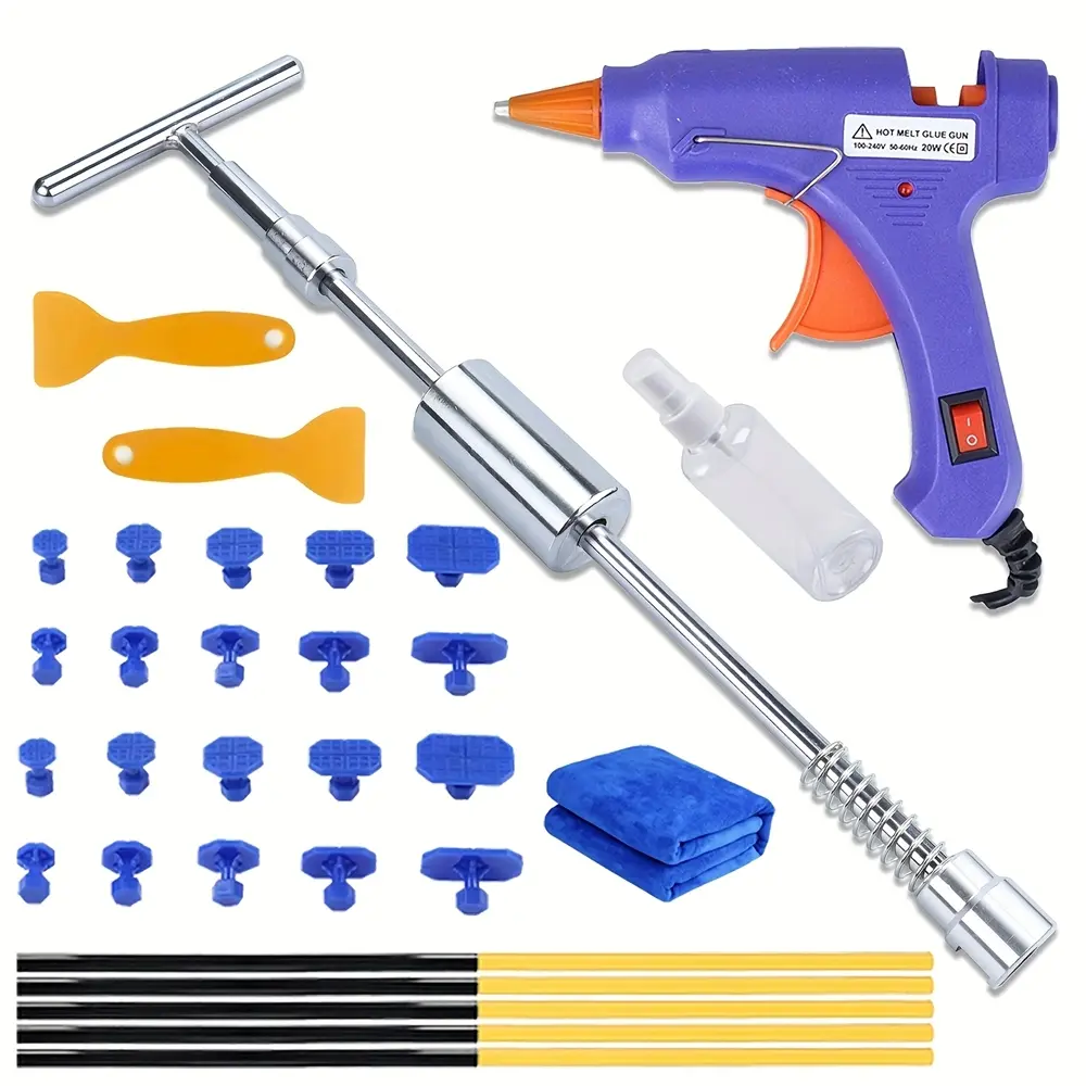 Auto Dent Removal Kit, Car Dent Remover, Paintless T-Bar Tool Set, Auto Repair Supplies, Car Repair Tools with Hot Glue Gun, Adhesive Rods & Labels, Ideal for Car Wheels & Fridge Dents, Paintless Dent Repair Machine