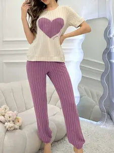 Women's 2-Piece Comfortable Ribbed Elastic Polyester Blend Pajama Set - Short-Sleeve Graphic Heart Print Top, Long Pants, Machine Washable Sleepwear Loungewear for Summer Vibes