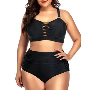 Daci Women Plus Size Two Piece Bikini Swimsuit High Waisted Tummy Control Bottom Bandeau Lace Up Bathing Suit