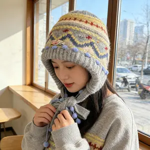 Fair Isle Color-Block Knitted Hat for Women, Autumn and Winter Versatile Thickened Knit Hat for Large Head Circumference, Warm Pullover Beanie