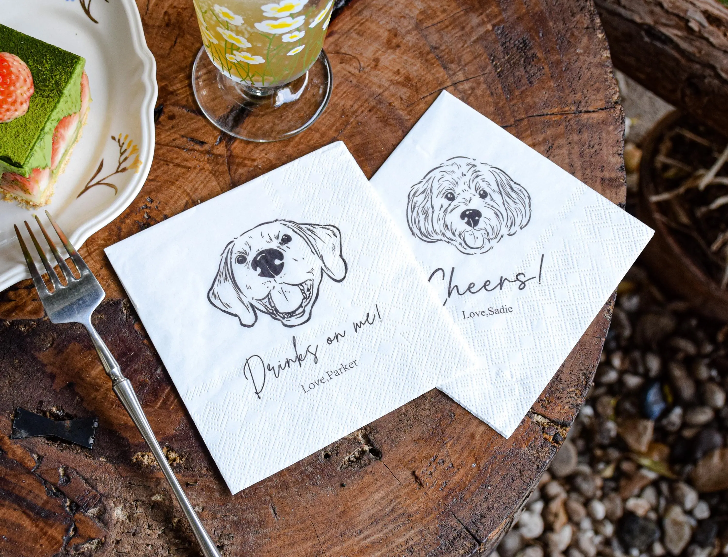 [50 pcs] Custom Pet Wedding Cocktail Napkins, Personalized Pet Portrait for 1–3 Dogs or Cats, Colorful Wedding Party Supplies