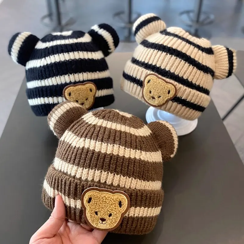 Korean Ins Style Toddler Knit Beanie - Cute Striped Cuffed Warm Winter Hat for Boys & Girls Babies