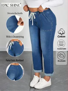 Women's Plus Size Rolled Hem Nine-Inch Pants, Drawstring Elastic Waist Straight Leg Jeans, High Stretch Comfortable Casual Wear
