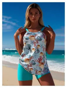 Women's Tankini Swimsuit Seashell Print Turquoise - Cute 2 Piece Bathing Suit with Ruched High Waist Bottoms for Women