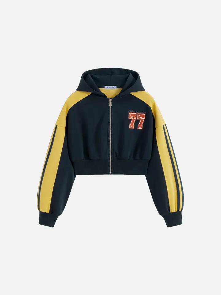 Aelfric Eden Cropped Color Block Zip Up Hoodie Retro Color‑Block Design Number 77 Graphic Print Cropped Zip‑Up Silhouette Soft Fabric Unisex Vintage Sport Hoodie,clothes for back to school,first day of school outfits