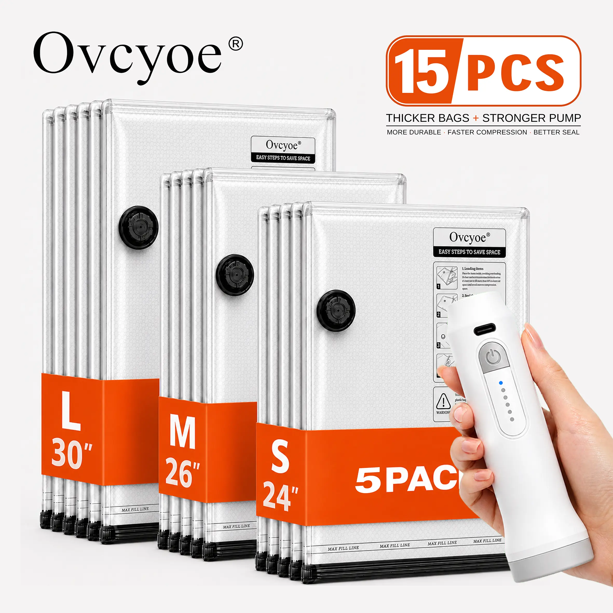 【2026 Upgraded】Cordless Travel Vacuum Bag Set - 9/15/ Pac Compression Bags for Carry-On Suitcases - USB Rechargeable Handheld Pump with Built-In Battery - Space Saver for Clothes & Packing, Zipper Pouches Durable, Lightweight Organizer Fitting Cover