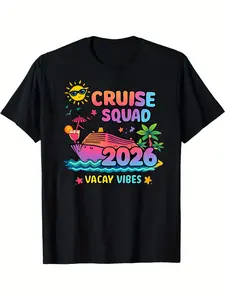 "Boarding the Ship" 2026 Family Trip Cruise & Beach Print T-Shirt - Breathable Summer Crew Neck Tee Suitable for Cruise Vacations, Casual Travel Outfits, Vacation Wear - Comfortable Stretch Fabric