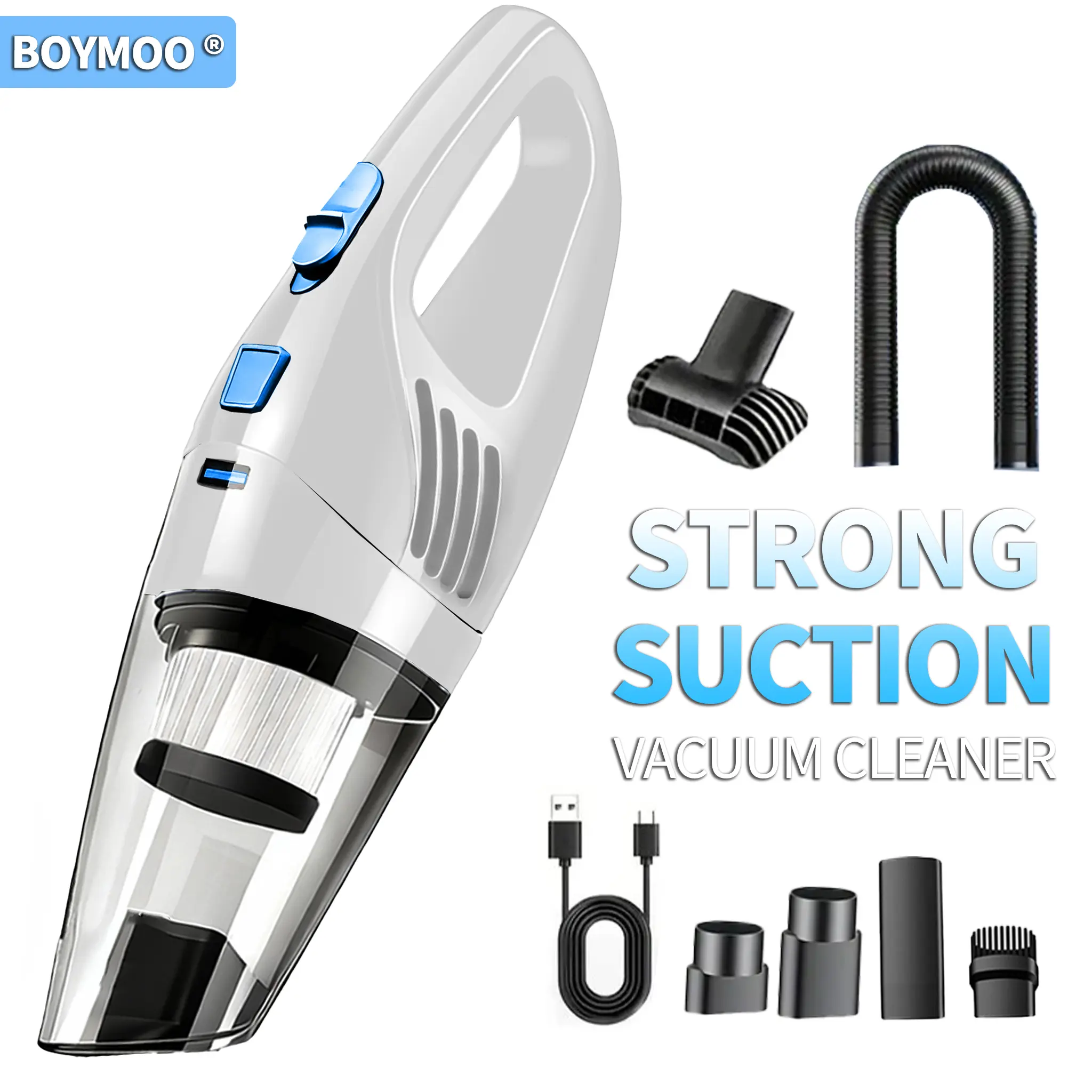 White Cordless Handheld Vacuum, High Suction USB Rechargeable Portable Cleaner for Car & Home Crevices