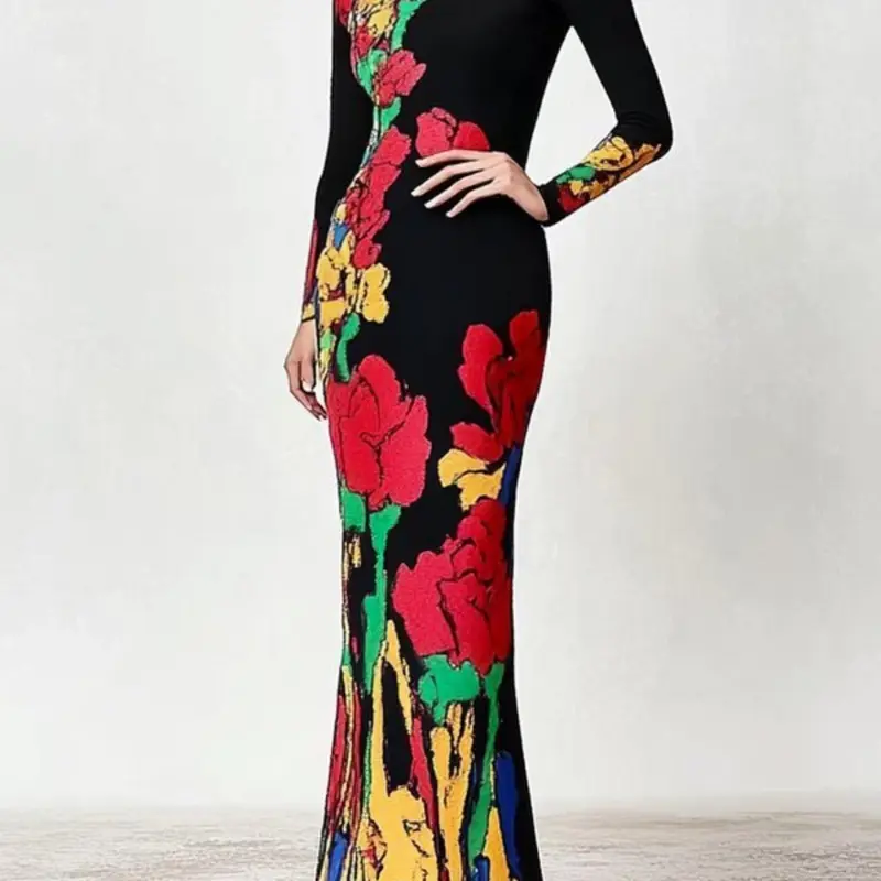 Women's Floral Print Dress Fashion Chic Casual Long Sleeve Dress for Date Night Cocktail Party Club Dating Wear, Ladies Dress for All Seasons Dresses for Party