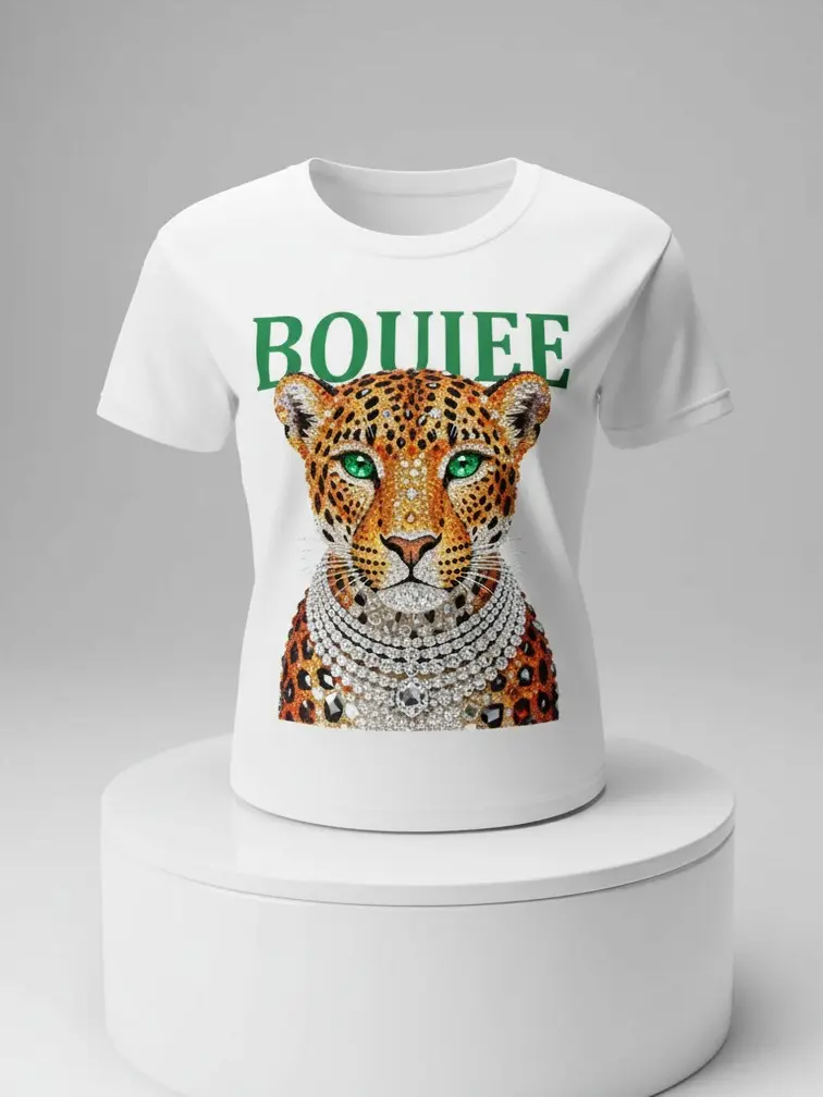 Women's Oversized Cotton Graphic T-Shirt - Rhinestone "Boujee" Glitter Leopard Print, Vintage Streetwear Short Sleeve Top, Elegance, Chic Preppy Casual Style, Basic Clothes for Indoors, Rhinestone Accent Fashion Apparel