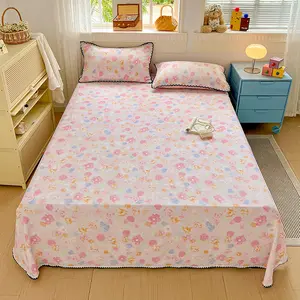 3-piece pink 100% polyester bedding set (1 sheet, 2 pillowcases, excluding filling) with floral print, lace trim decoration, breathable all-season bedding, machine washable, soft and comfortable.