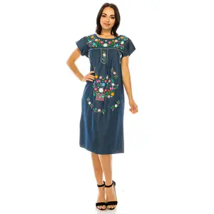 unik Embroidered Traditional Adult Puebla Mexican Dress Chambray WD2058