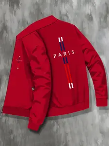 Men's Casual Jacket Outerwear, Zippered Jacket, Zipper Design, Fashion Stand Collar, Trendy Letter Print Bomber Jacket, Comfortable and Stylish Coat