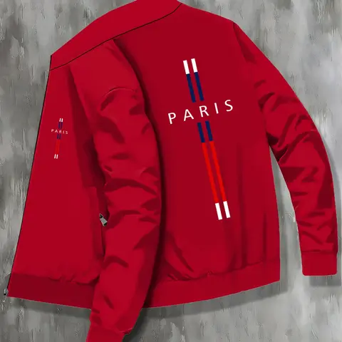 Men's Casual Jacket Outerwear, Zippered Jacket, Casual Fashionable Jacket, Zipper Design, Fashion Stand Collar, Trendy Letter Print Bomber Jacket, Comfortable and Stylish Coat, Casual Comfy Jacket, Streetwear Jackets, Street Style Jacket