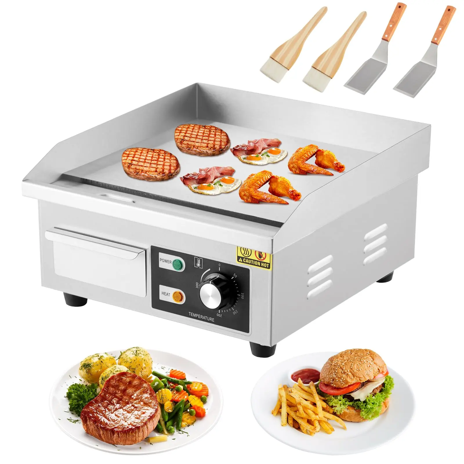14" Commercial Electric Griddle, 1600W Stainless Steel Flat Top Grill, Non-Stick Countertop Teppanyaki Grill with Adjustable Temperature Control 122-572°F, 110V Indoor Griddle with 2 Shovels & Brushes