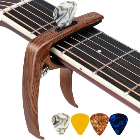 3-in-1 Compact Guitar Capo Pack - 2.1 oz, 3.52in×3.24in×0.45in, Steel Spring, 360° Clamping Pick Holder, 4 Picks, Clip Top Carry, Comfortable Grip Feel, Creative Trinity, Portable for Acoustic/Electric Guitars, Ukuleles, Gift for Music Lovers