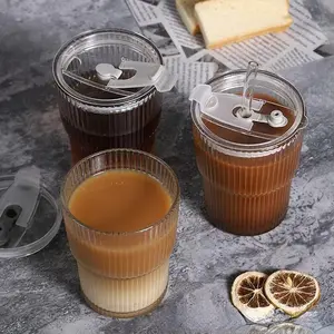 Durable Glass Cups with Bamboo Lid & Straw, 1 Count Glass Cup, Glass Drinking Cup, Household Striped Water Cup, Office Covered Straw Cup, Coffee Cup, Drinkware, Drinking Glassware