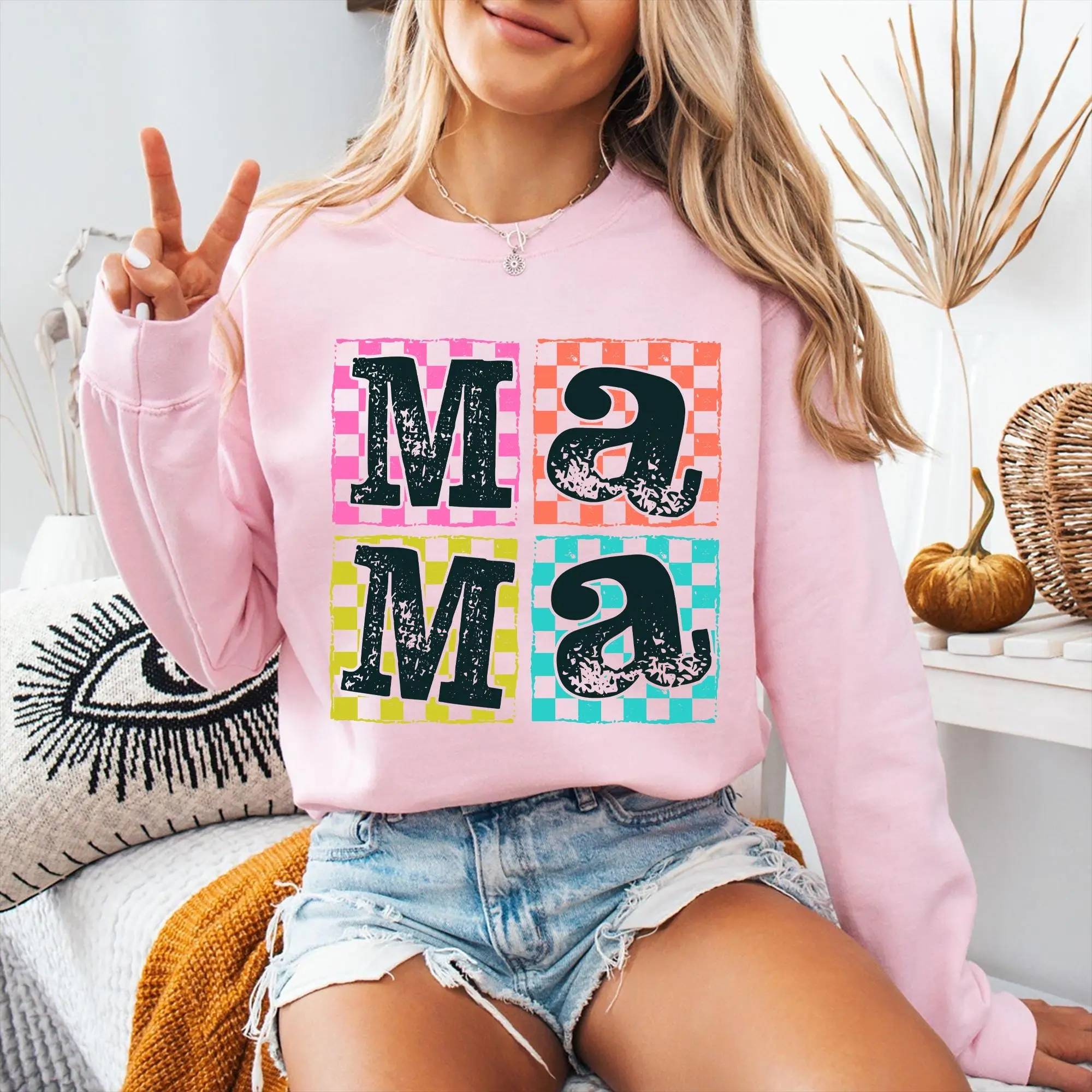 Checkered Retro Mama Crewneck Varsity Mom Shirt Mother's Day Gift Vintage Mom Life Tee WCheckmama