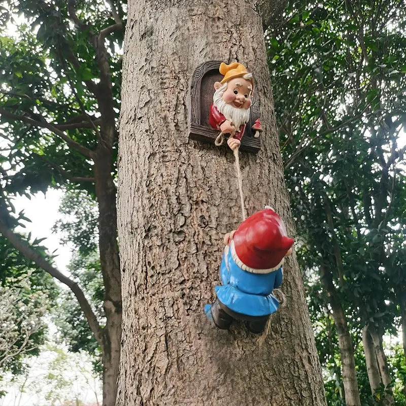 2-Piece Set Fantasy Dwarf Climbing Tree Statues, Garden Gnome Statue, Outdoor Garden Wall Decor, Exterior Decorative Statues, Resin Material, Perfect Mother's Day & Christmas Gift, Garden Accessories, Statues Figurines