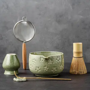 6 Pcs Ceramic Ceremonial Matcha Tea Set Kit Includes Matcha Bowl Whisk with Holder Bamboo Scoop Scoop Rest Sifter Green Perfect for Gifts