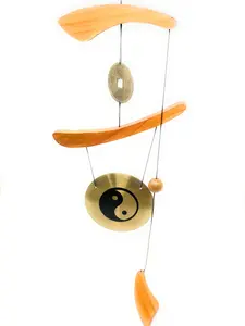 Thy Home Feng Shui Brass & Wood Circular Gong Wind Chime - h31xw8.5xd0.75", Yin Yang Design, Relaxing Tone, Evil Protection, Home Decor for Patio, Garden
