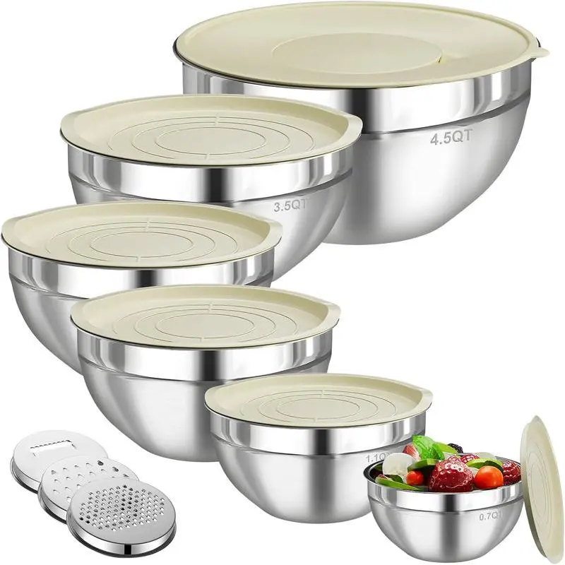 6 PCS Stainless Steel Mixing Bowls Set - Kitchenware with Airtight Lids, 3 Grater Attachments, Freezer-Ready Bowls for Airtight Freshness & Food Storage, Nesting Design for Space Saving